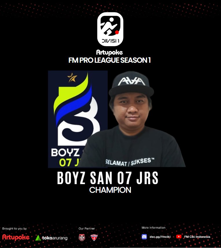 Dari Divisi 1.
Selamat kepada Boyz San 07 JRS yang berhasil menjadi juara di Divisi 1.
Diikuti oleh Nagabara di posisi ke 2.

Devilbats, Mekdi FC, Ceria FF harus rela turun ke Divisi 2 musim depan

<a href="/Rtupoke/">Blognya Football Manager (FM) Lovers</a> <a href="/id_fm/">Football Manager Indonesia</a> <a href="/idextratime/">Extra Time Indonesia</a> <a href="/arurangco/">Arurang</a>