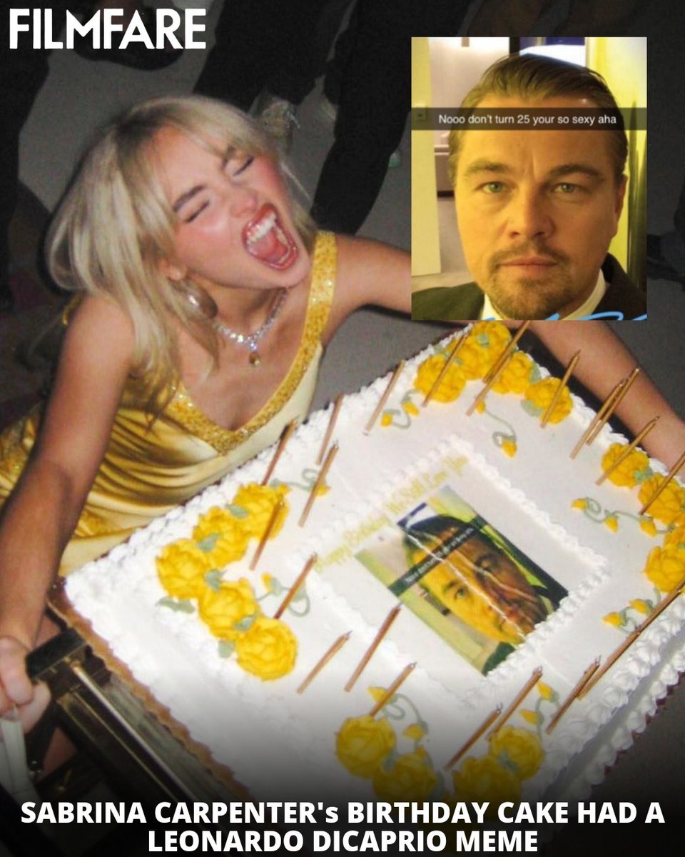 Epic meme moment!🎂

#SabrinaCarpenter's birthday cake had a hilarious #LeonardoDiCaprio meme on it.