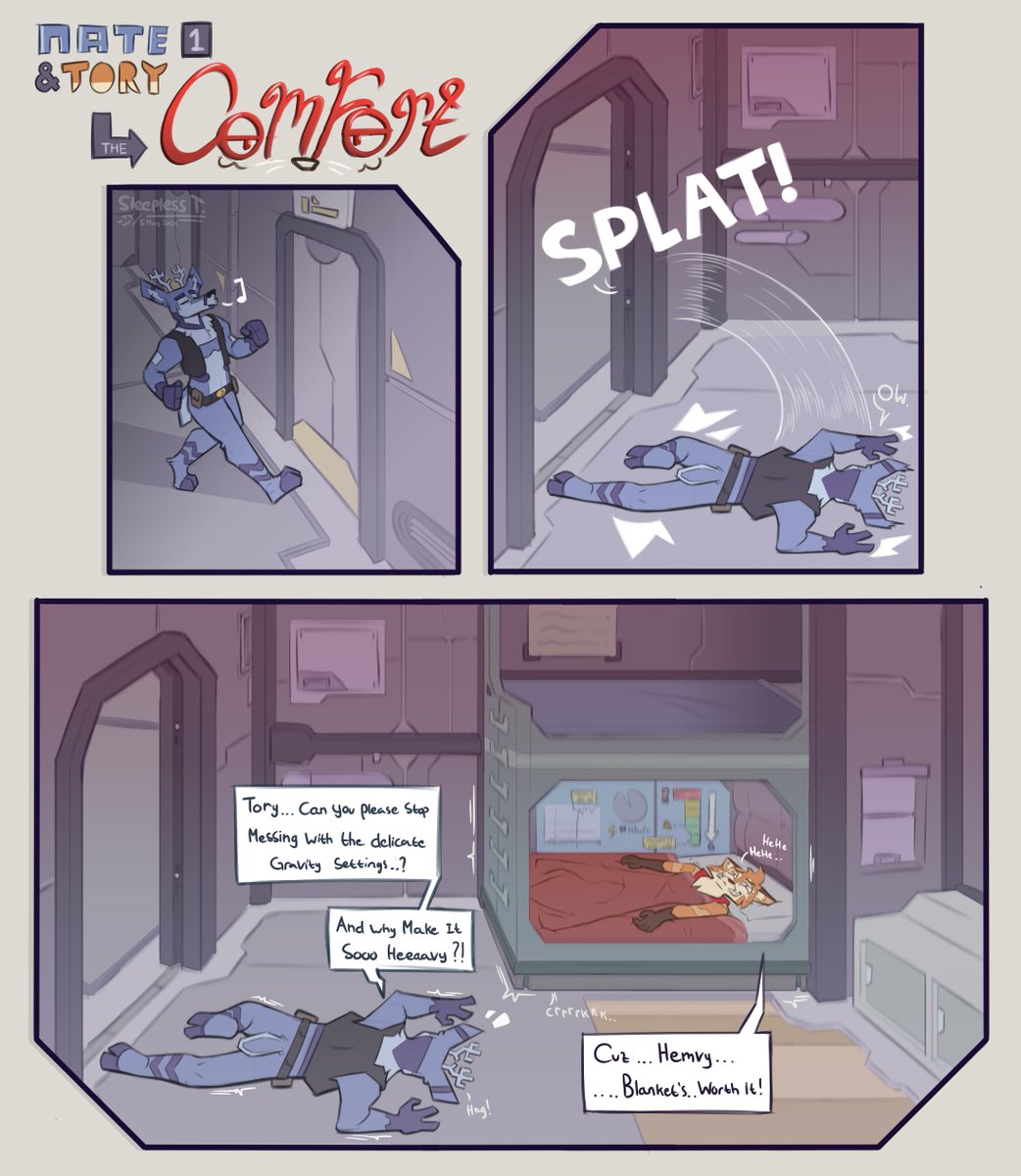 A comic I'm trying to start about two goofballs in space. With Nate the deer and Tory the fox. Here's the first page!