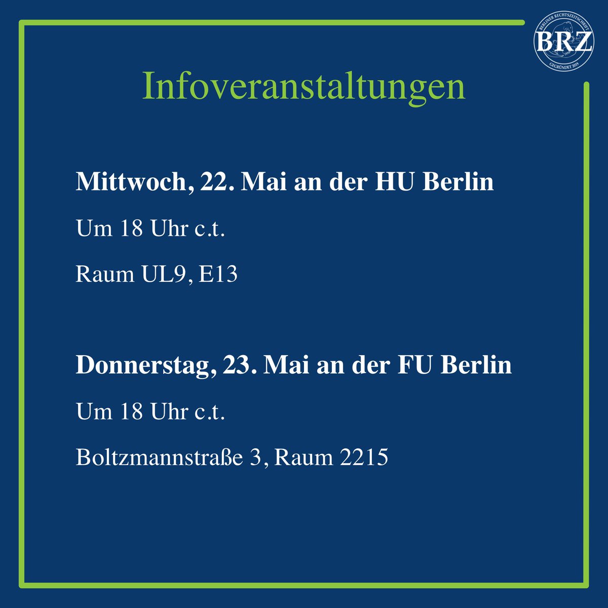 Die BRZ sucht Verstärkung!

Du bist Student:in oder Promotionsstudent:in, organisations- und teamfähig, hast Interesse an gestalterischer Arbeit und Spaß daran, deine juristischen Fähigkeiten zu erweitern? 

Dann komm zu unseren Infoveranstaltungen und lerne die BRZ kennen!💚💙