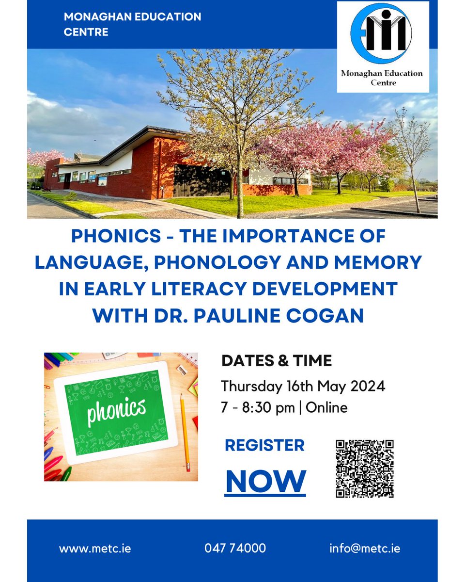📣Phonics - The Importance of Language, Phonology and Memory in Early Literacy Development 📆Thursday 16th May 2024 ⏰7:00pm - 8:30pm ✨Dr. Pauline Cogan 💻Online ✅Register at metc-courses.com