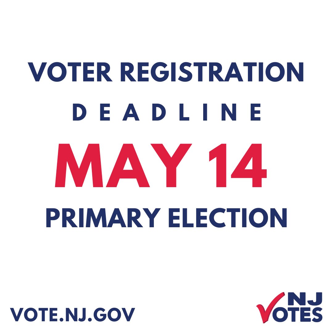 Tomorrow, May 14 is the voter registration deadline for the 2024 Primary Election. Be sure to register to vote today if you plan on participating in the 2024 Primary Election, Tuesday, June 4. More info at Vote.NJ.Gov. #NJVotes #VoterRegistration