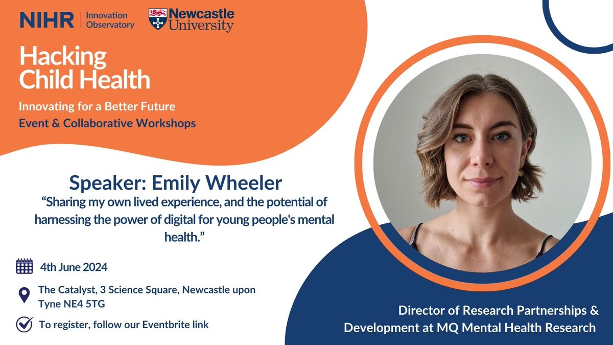 We are delighted to welcome Emily Wheeler as a speaker for 'Hacking Child Tech' in June! Emily is Director for Research Partnerships & Development at @MQmentalhealth, and will be sharing her lived experience & the future of young people's mental health. 👇 eventbrite.co.uk/e/nihr-innovat…