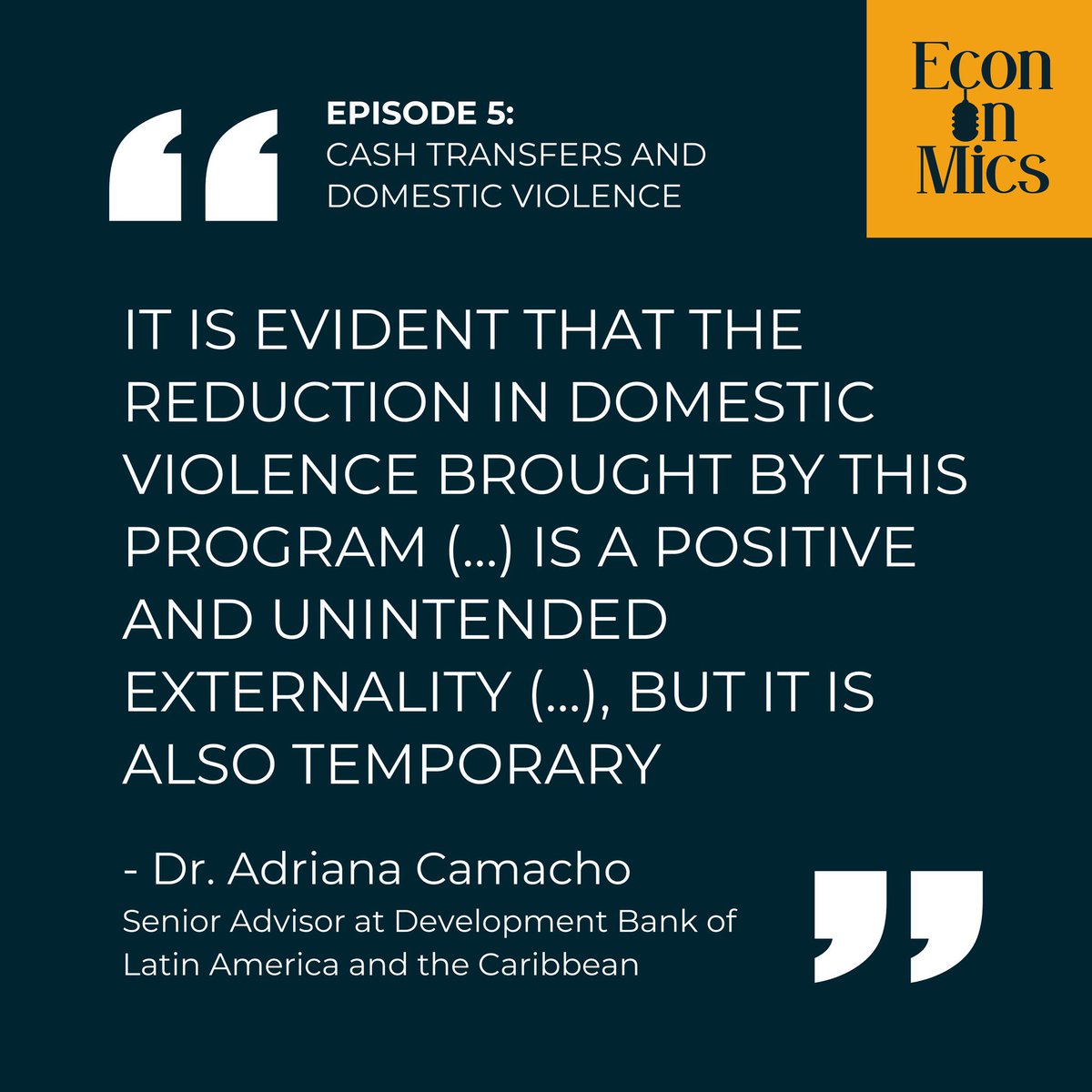 Tune in to Episode 5 of the 🎙️‘Econ-on-Mics' #podcast!

#EconTwitter

Adriana Camacho @adcamach discusses her paper on the #impact of #cash #transfers on #domestic #violence in #Colombia

🔗 bit.ly/3WWL6yT

Available on #GooglePodcasts @ApplePodcasts @Spotify