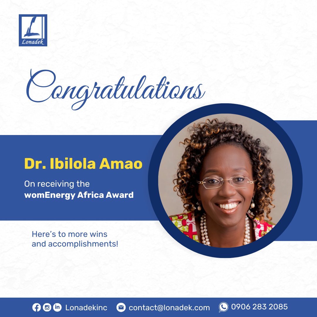 We are beyond proud to announce that our very own Principal Consultant, Dr. Ibilola Amao, has been honored with the prestigious womEnergy Africa Award at the 2024 womEnergyAfrica Gala and Awards!

Join us in congratulating her on this well-deserved recognition.

#WomenInEnergy