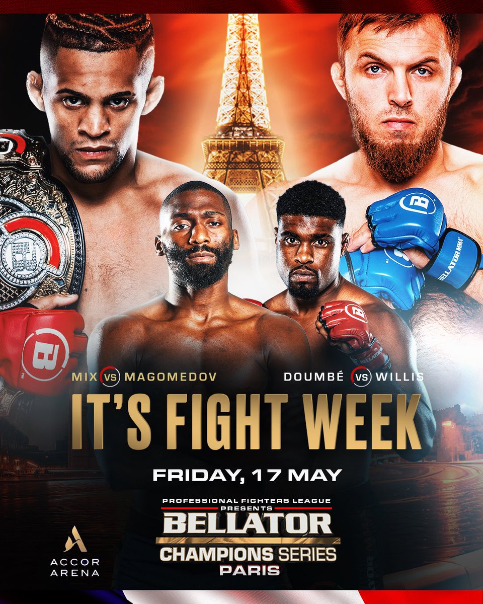 𝙋𝘼𝙍𝙄𝙎, 𝙄𝙏’𝙎 𝙁𝙄𝙂𝙃𝙏 𝙒𝙀𝙀𝙆! 🇫🇷

Patchy Mix looks to defend his Bellator Bantamweight Title, as he rematches Magomed Magomedov, whilst Cédric Doumbé seeks a winning start in his Bellator debut against America’s Jaleel Willis.

Limited tickets remain! Secure your place…