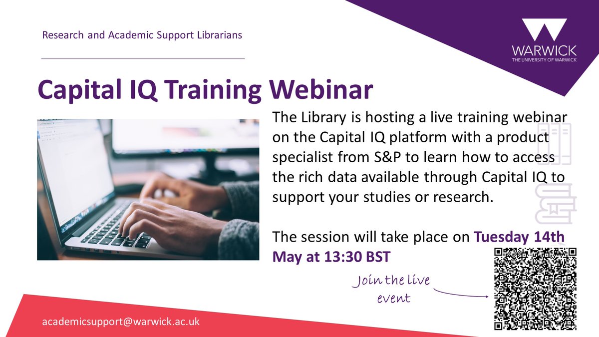 The Library is hosting a live training webinar on the Capital IQ platform with a product specialist from S&P. Learn how to access the rich data content available capitaliq.com to support your studies or research. Tuesday 14th May 1:30 PM @WarwickBSchool @warwickecon