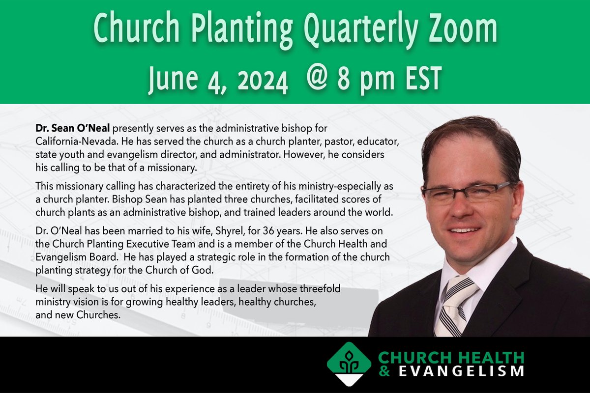 Join us on Tuesday, June 4 @ 8PM EST.
Dr. Sean O'Neal will host the 4th and final in the series of Quarterly ZOOM Events. To participate in this event and get connected to Church of God Church Health &amp; Evangelism click here:  cogcpn.com/church-plantin…