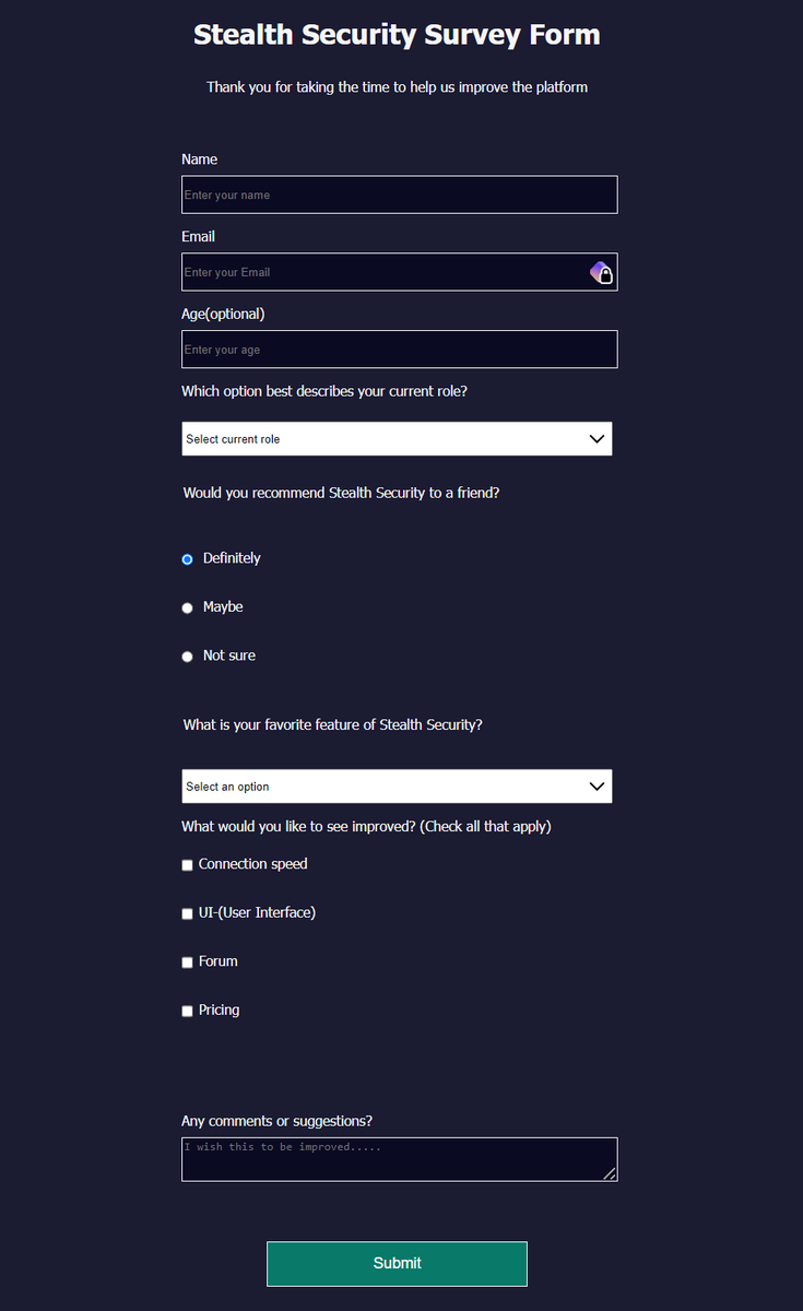 Created my first project in Responsive Web Design: Survey Form. Looking forward to more projects.                    
github.com/Vishsig/Survey…
#100DaysOfCode #100daysofcoding