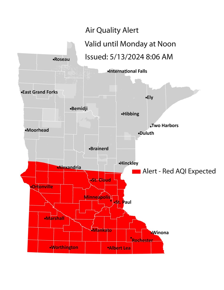 An air quality alert continues until noon for southern MN. The alert has been allowed to expire across the northern half of MN. Conditions will improve from north to south today. The alert may need to be extended for far S MN later today. #MNwx #AQI
