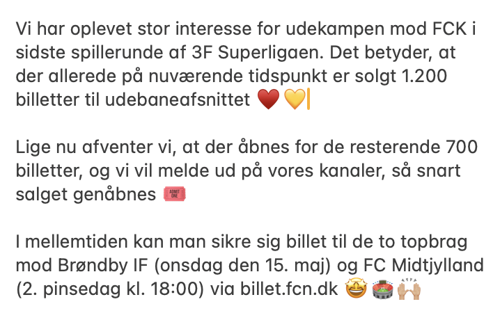 Opdatering vedrørende billetsalget til udekampen mod FC København 🔻 billet.fcn.dk