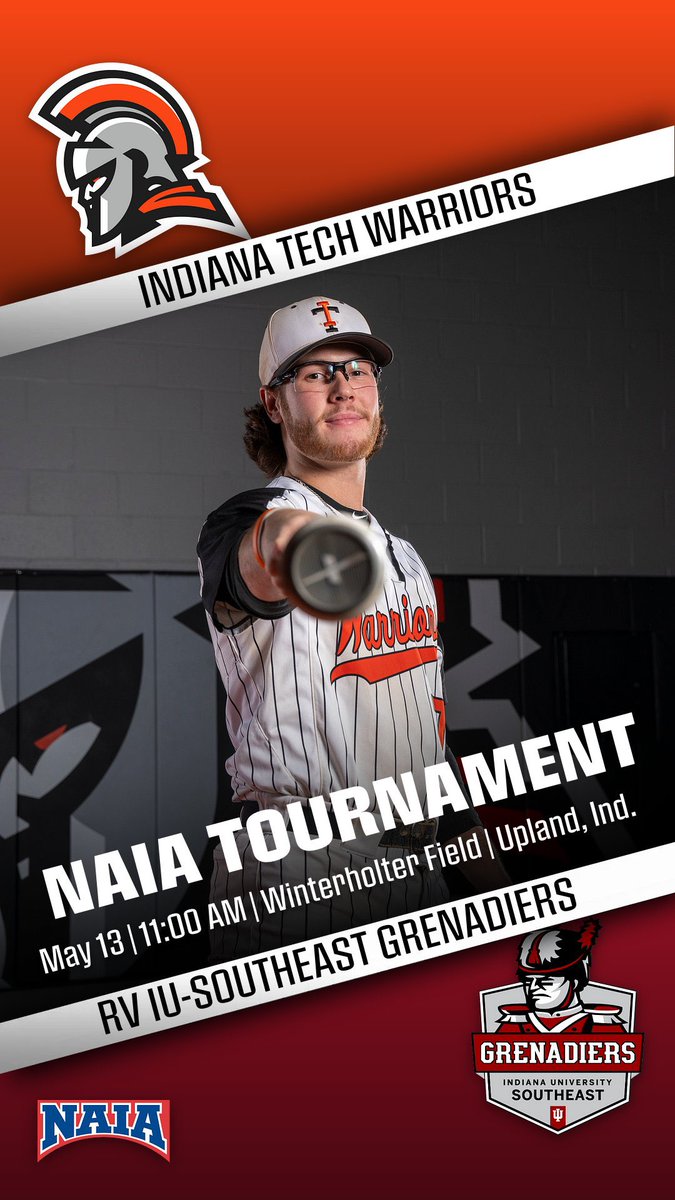 IT’S NATIONAL TOURNAMENT TIME WARRIORS! @INTechBaseball is in Upland, Indiana for the NAIA Opening Round as the #5 Warriors will take on #4 IU-Southeast at 11am. The winner will play #1 Missouri Baptist at 6pm and the loser will play in an elimination game tomorrow #GoWarriors