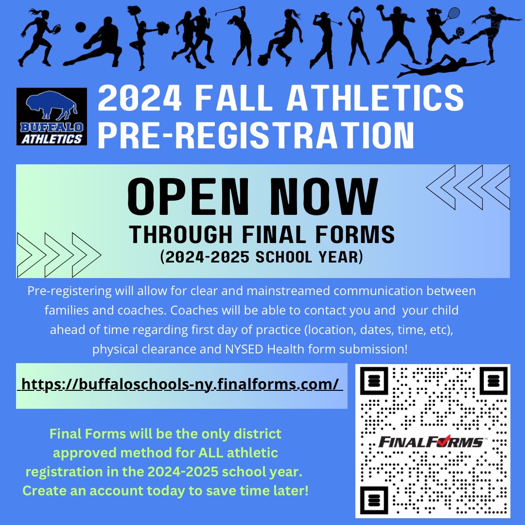 ⚽️ Pre-register for a Fall BPS sport, TODAY!!!! 

All athletic registration will be through Final Forms only next year! Create an account to save time today! buffaloschools-ny.finalforms.com

Need help? Email - support@finalforms.com 🏐