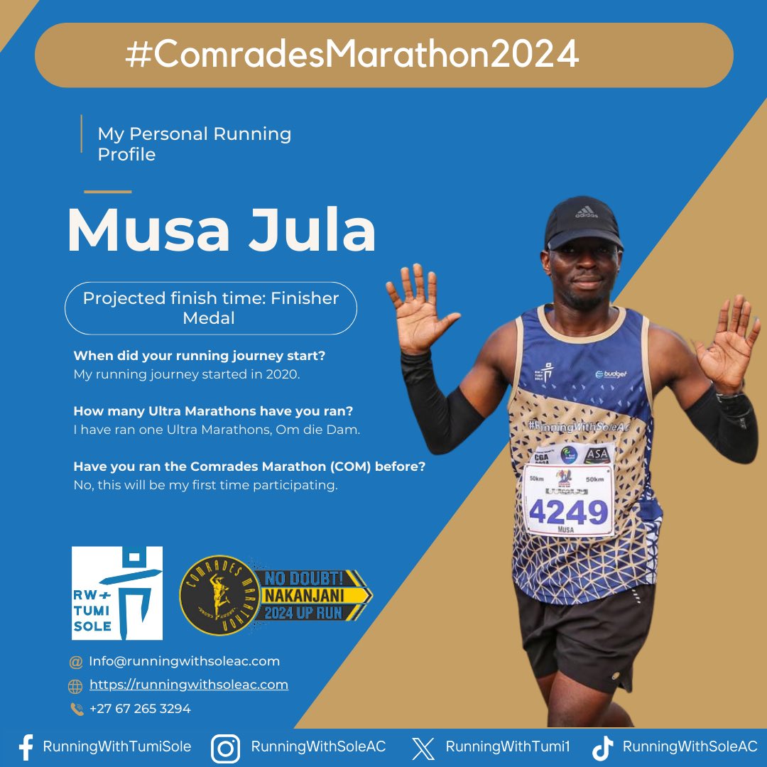 Runner profile 5/28✨

Introducing @MusaJula_ , running his first Comrades Marathon and aiming for a finisher medal, he will be representing the club at the 2024 Comrades Marathon @comradesmarathon. 

All the best Member, we will be rooting for you, see you on the road and at the…