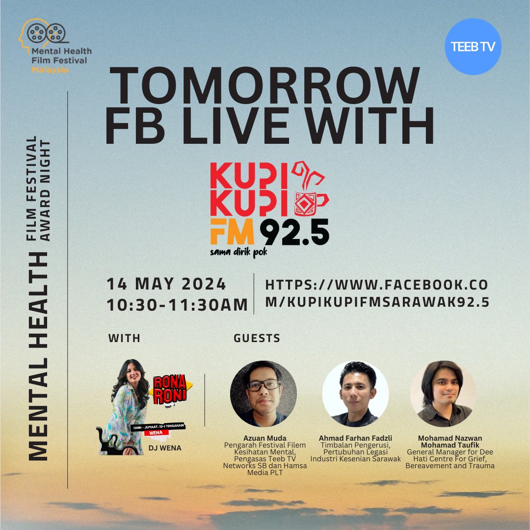 🎉 Exciting news! Join us TOMORROW with DJ Wena for a special FB Live event with Kupi-Kupi FM 92.5 📻.

Dive deep into the #festival  &amp; 48 Hour Film Project.
🔗 [Link](facebook.com/KupiKupiFMSara…)

#MentalHealthMatters #LiveEvent #breakthesilence #mentalhealth <a href="/DrDzul/">Dzulkefly Ahmad</a> #kuching