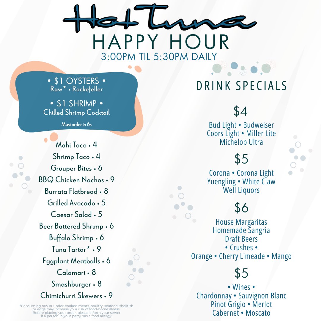 •Now open at 3pm daily!•

Featuring our brand new Happy Hour menu available until 5:30pm every day! 
🥂Hot Tuna Happy Hour just got a whole lot better!! 

Take advantage of our extended Happy Hour food & drink specials from 3pm til 5:30pm daily! 
See you soon! 
#virginiabeach