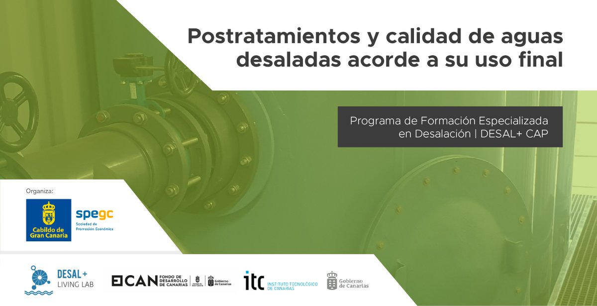 💧 ¡Amplía tus conocimientos en gestión del agua! Inscríbete al 4º curso del Programa de Formación Especializada en Desalación coorganizado por la @SPEGC y el ITC en el marco de la plataforma @desalinationlab 📅11/06 - 26/06 ✍Inscripción en spegc.org/formacion-y-ev… #DESALplus