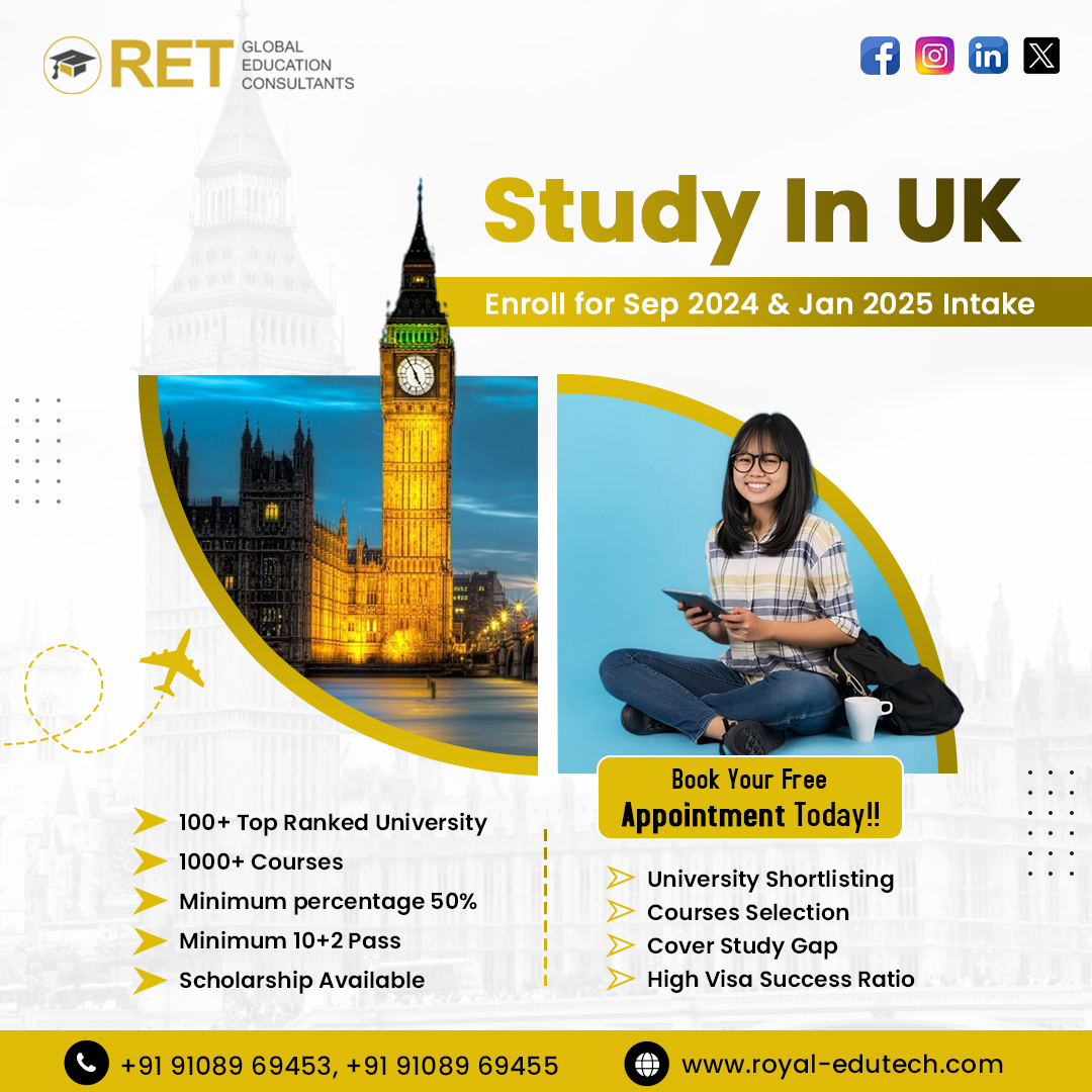 Explore studying in the UK with us. Enroll for September 2024 or January 2025 and open doors to endless opportunities. #RETConsultants #RET #StudyAbroadConsultants #BangaloreStudyAbroad #GlobalEducationConsultants #StudyAbroadExperts #EducationConsultantsBangalore #FutureReady