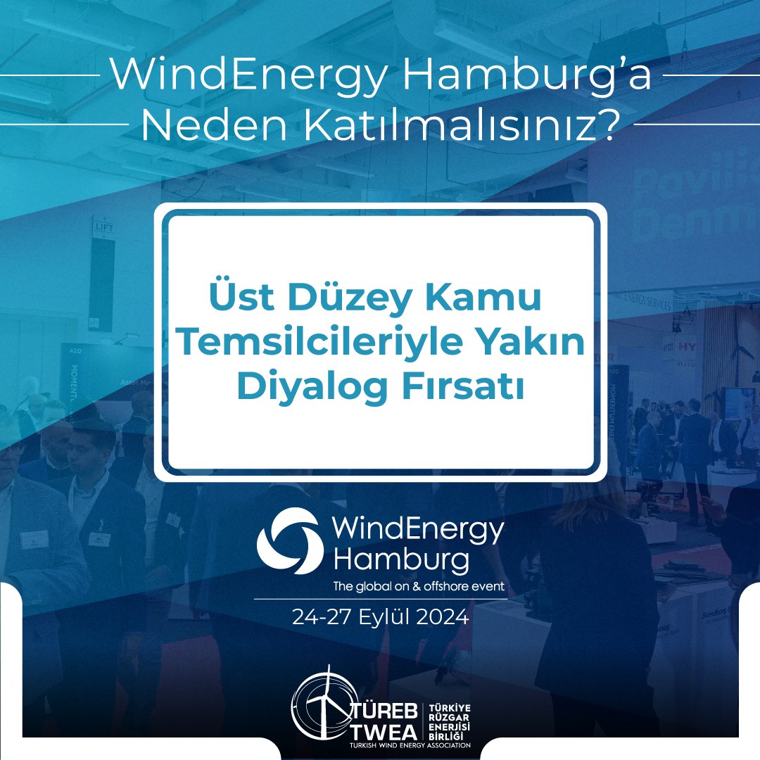 🌬 WindEnergy Hamburg 2024’e Neden Katılmalısınız ❓

📢 Türkiye Rüzgar Enerjisi Birliği (TÜREB) Heyeti olarak 24-27 Eylül 2024 tarihlerinde Almanya’nın Hamburg kentinde gerçekleştirilecek WindEnergy Hamburg Fuarı’nda biz de yerimizi alıyoruz! ⚡
