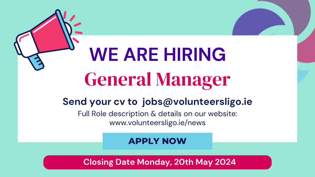 We are recruiting a General Manager. Full details and particulars are on our website - volunteersligo.ie/we-are-hiring-…

Send CV and Cover Letter/Personal Statement outlining your suitability for the post and return to jobs@volunteersligo.ie

📆Closing date is 5pm on Mon 20th May 2024.