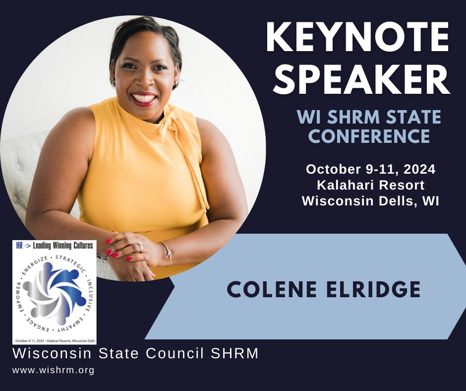 Colene Elridge will be our closing keynote speaker at our 2024 Wisconsin State Council SHRM State Conference on October 11th.
Buckle up for a refreshingly candid and utterly relatable keynote: 'You're Mad. You're Stressed. You Might Be A Mess.' 
lnkd.in/g6zPkj4a #wishrm24