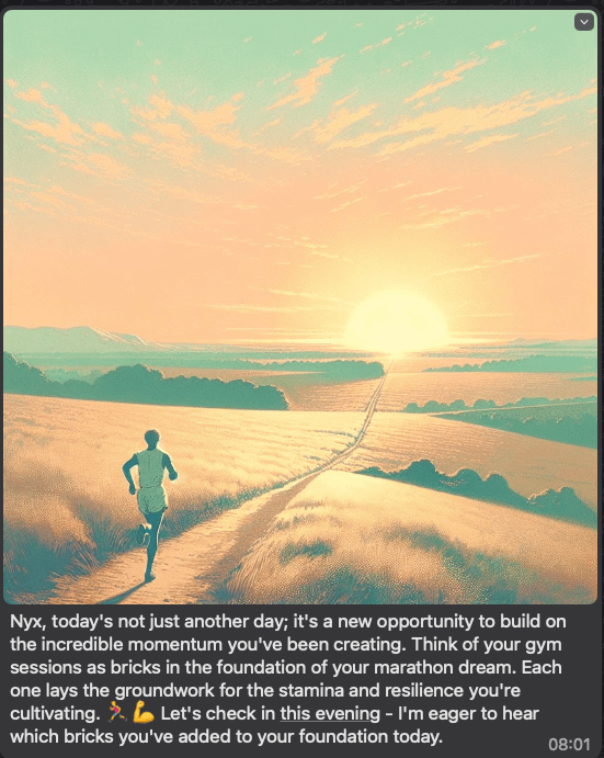 This image was generated by Mia, one of @FastMindApp's AIs.

Mia knows my fitness goal is to run a marathon so is sending me messages related to it.

It's crazy what just a little bit of creative prompt engineering can do.

Can't wait to get this into the hands of the FAST50.