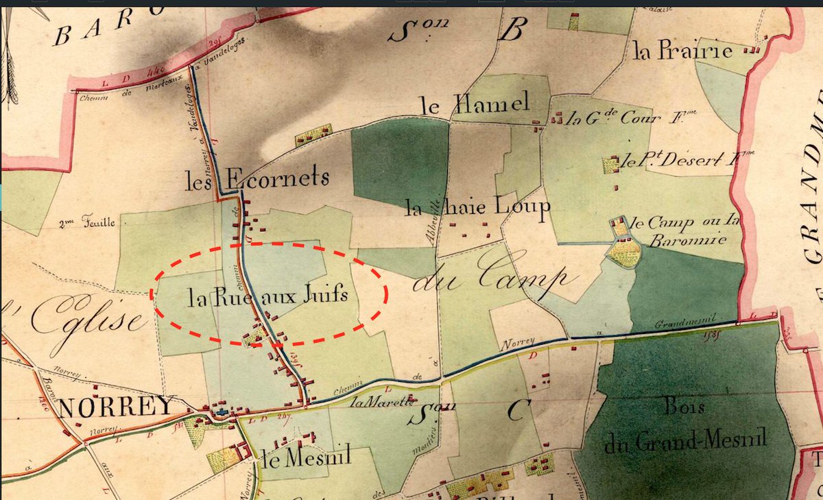 Tiens, mais pourquoi une "Rue aux Juifs" est-elle indiquée sur le cadastre de 1813 du minuscule village de Norrey-en-Auge (Calvados) ? Un petit fil sur la présence juive dans les campagnes de Normandie au Moyen Âge ⤵️
Source du cadastre : archives.calvados.fr/ark:/52329/hds…)