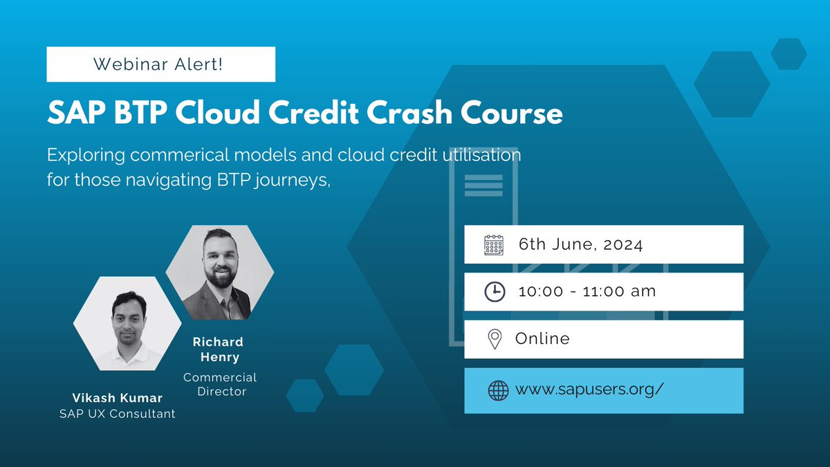 SAP BTP CLOUD CREDIT CRASH COURSE ☁ 🚀
A webinar to get more out of SAP BTP, no matter where you are on your cloud journey.

More info & registration here: sapusers.org/events/4208/sa…

#sapbtp #sapapphausnetwork #SAPBTP #businesstechnologyplatform #sap #saprise