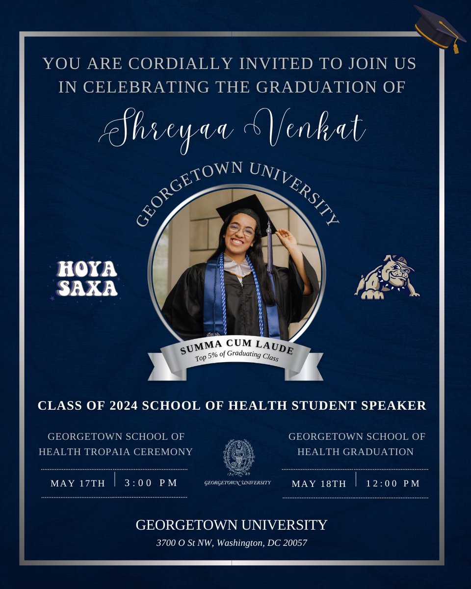It’s #Graduation Week! Honored to #share that our #CEO #ShreyaaVenkat has been selected as the #Classof2024 #Student #Speaker, where she'll be representing the @Georgetown @GtownSOH graduating class at the Tropaia #Awards Ceremony! ❤️🎓 #NEST4US #Graduate nest4us.org
