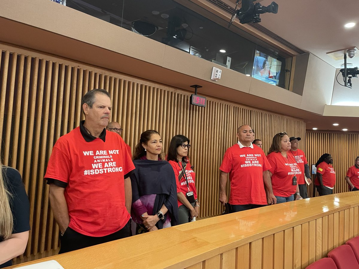 Following Commish @RaquelRegalado trumpeting report suggesting waste and other issues with county’s Internal Services Dept, ISD employees here with tshirts saying “we are not criminals [or] animals” References a Regalado radio interview