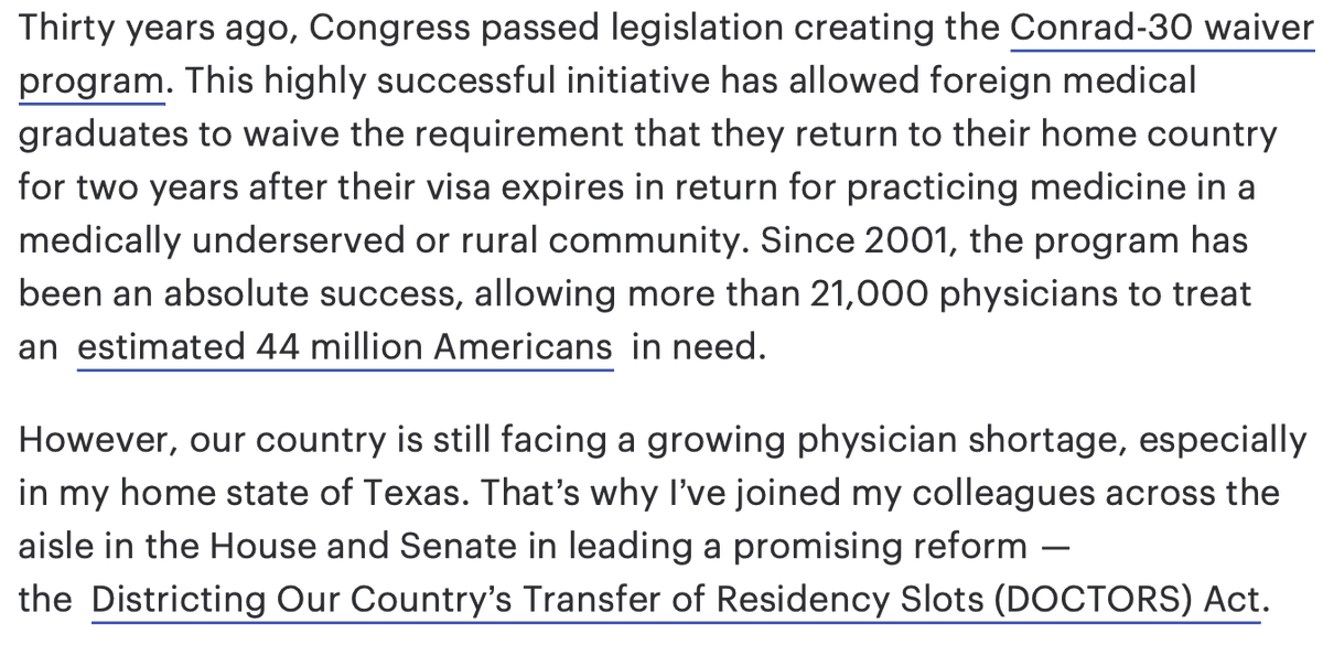 The Conrad 30 program, where foreign physicians are incentivized to work in rural/underserved areas, turns 30 years this year. For @TheHillOpinion @RepTroyNehls (R-TX) argues his simple, bipartisan, commonsense Conrad reform bill improves rural healthcare: thehill.com/opinion/congre…
