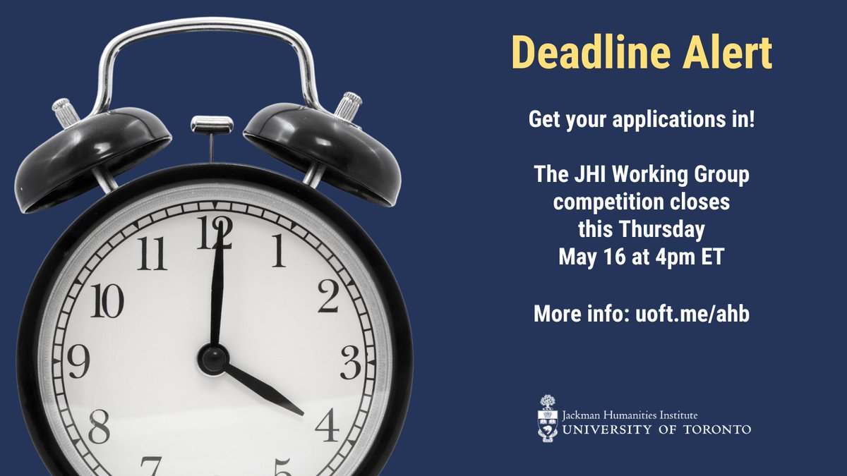 🚨 Deadline Alert! JHI Working Group applications are due this Thursday. Have you got an idea for collaborative, interdisciplinary humanities research? Your group can get space in the JHI for meetings and funding for events for one year. Info uoft.me/akr