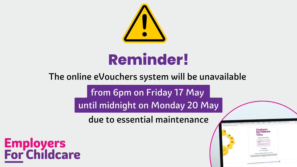 Reminder – the online eVouchers system will be unavailable from 6pm on Friday 17 May until midnight on Monday 20 May, due to essential maintenance.