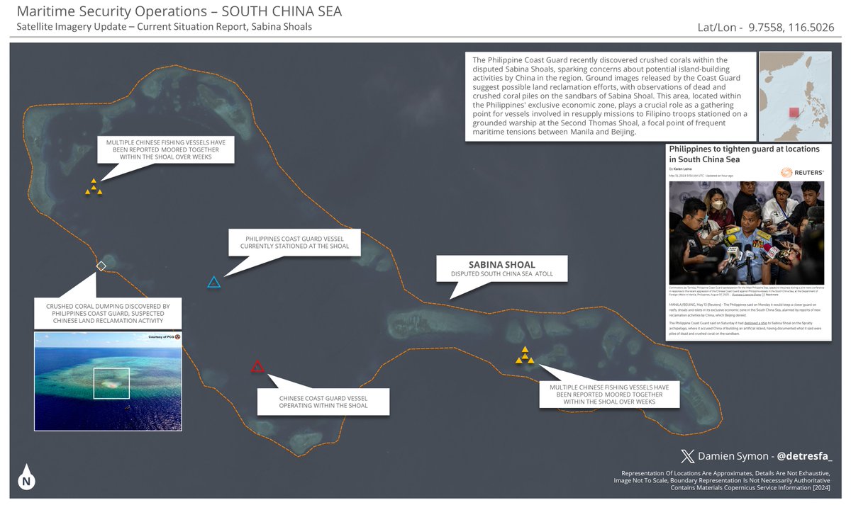A really good map from @detresfa_ showing the Sabina Shoals where #China is attempting to do land reclamation towards building an artificial island, aka military base to control the area. The #Philippines coast guard is taking a stand against Chinese expansionism there and has