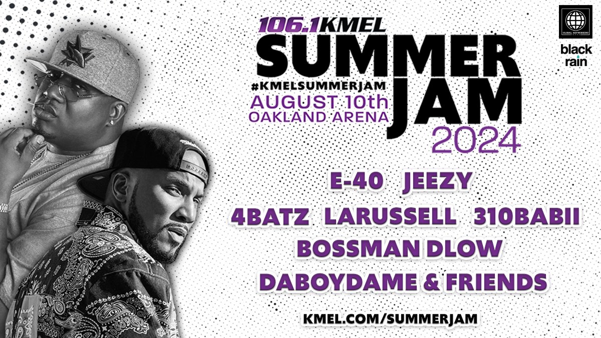 106.1 KMEL Summer Jam returns to the @OaklandArena on Aug. 10th with @e40, @Jeezy, @4Batzz, @LaRussellGC, @310_Babii, @bossman_dlow, & @DaBoyDame + friends! #KMELSummerJam Pre-sale: Fri 5/17 @ 10a - Sun 5/19 @ 11:59p Public on-sale: Mon 5/20 @ 10a ihe.art/8NCY5ju