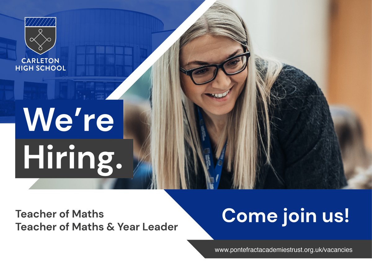 We're seeking passionate educators for two exciting roles: Teacher of Maths and Teacher of Maths & Year Leader. Work for Pontefract Academies Trust and unlock career pathways, exceptional CPD, family-friendly policies, and more. Apply now: bit.ly/3wxdTPw #TeachingJobs