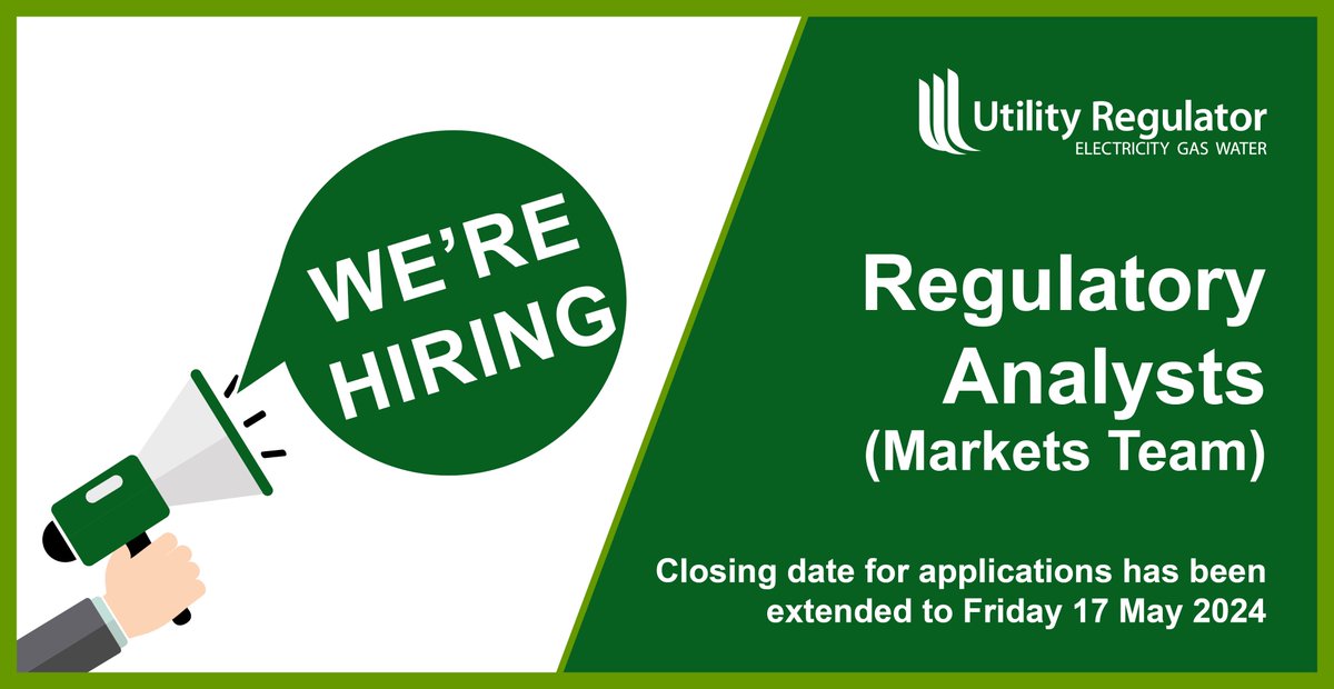 The closing date for applications for Regulatory Analysts within our Markets Team has been extended to 2pm on Friday 17 May 2024.

Find out more about these exciting roles here
uregni.gov.uk/job-opportunit…