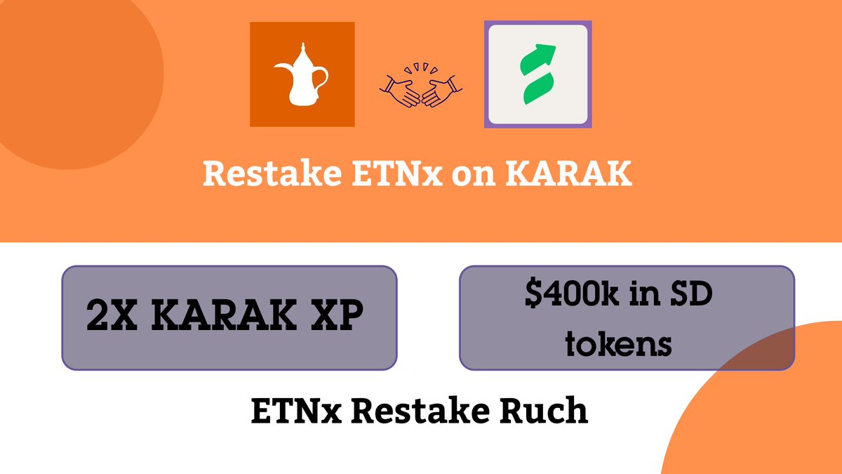 ETHx Restake Rush is in full swing! For a very limited time, @staderlabs_eth users can restake ETHx on @Karak_Network and earn up to $400,000 in SD tokens with 2x Karak XP on top (you heard that right 2x) $ETHx on Karak is making restaking rewarding for everyone.