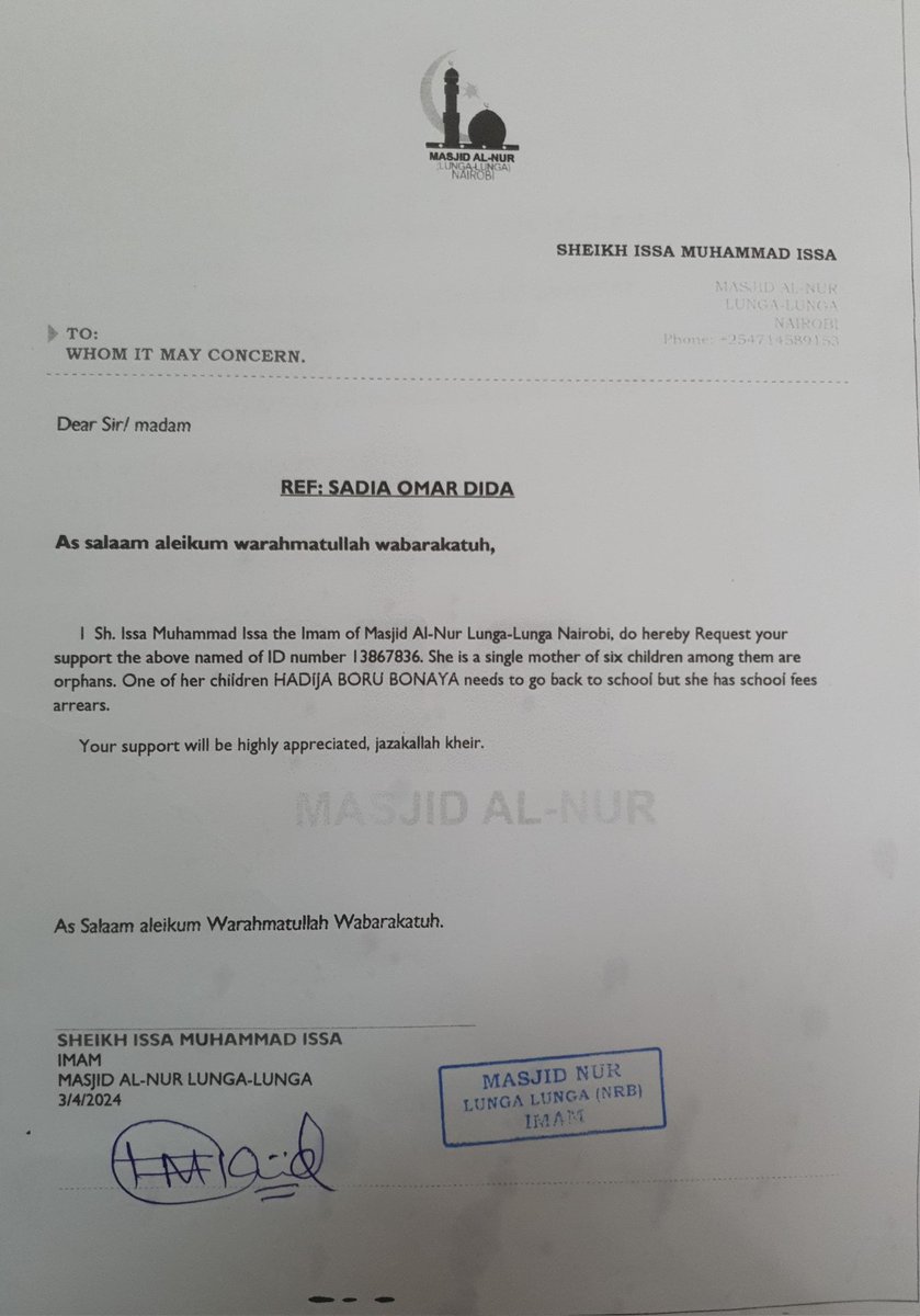 Asalam alaykum guys Khadija finished KCPE but cant go to high school because of cash. We've raised Ksh. 45,000 but need Ksh. 15,000 more for fees, uniform, and boarding. Your contribution, no matter how small, will make a huge difference. Mpesa/more info : 0728205284 Hifat Omar