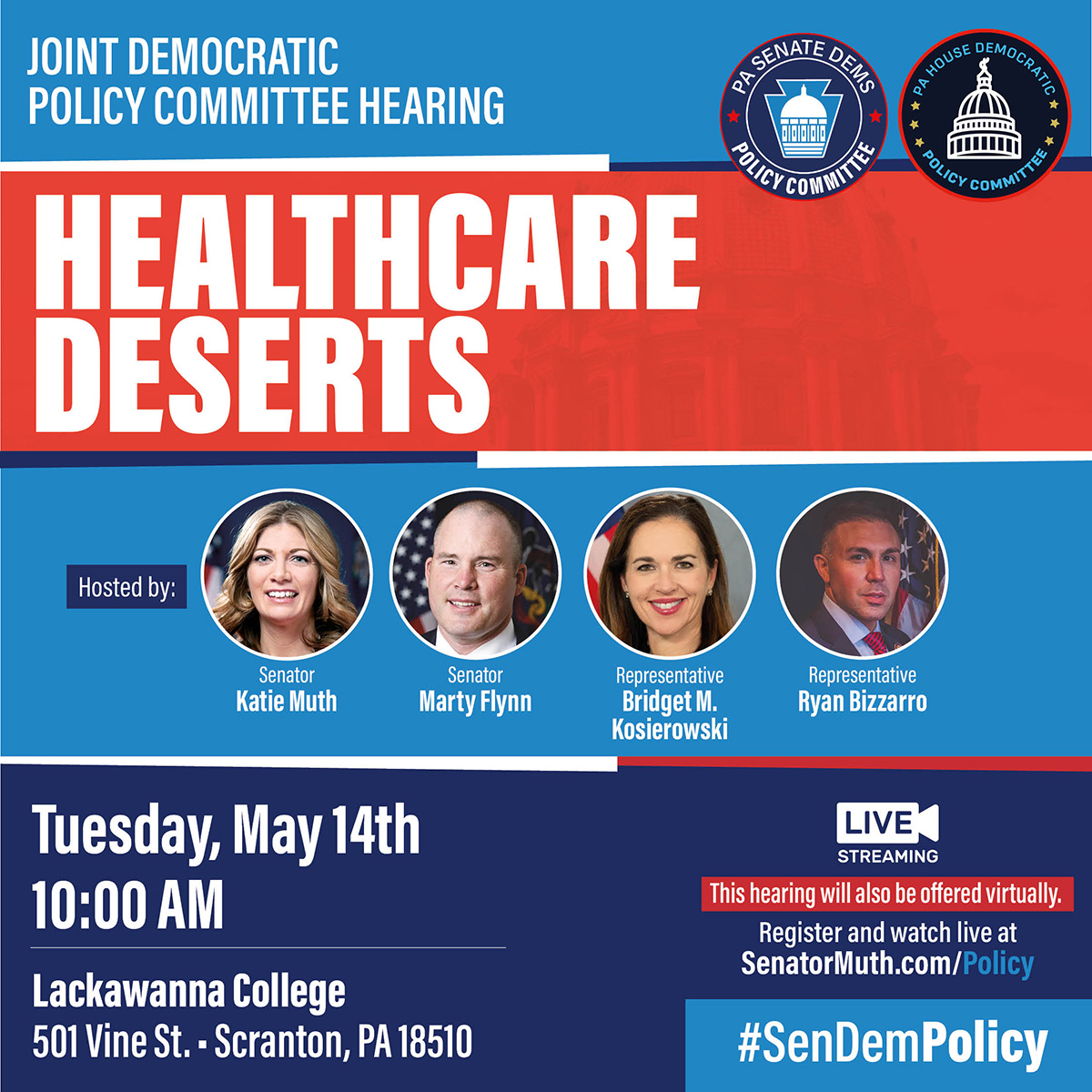 The Joint House & #SenDemPolicy Committee will hold a hearing on healthcare deserts in the Commonwealth on Tuesday. Hearing hosts include @SenMartyFlynn and @RepBridget. Register for the hearing 🔻 SenatorMuth.com/policy/