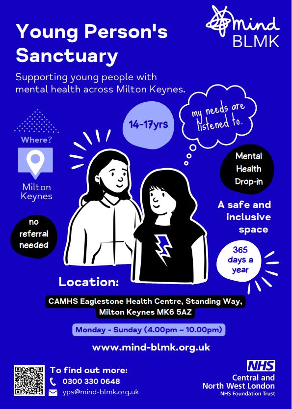 For #MentalHeathAwarenessWeek we are promoting the Young Person's Sanctuary for 14-17 year olds in MK. They operate a drop-in service for anyone suffering mental distress, crisis or just needing someone to talk to. An appointment is not required. @MindBLMK More info below ⬇️