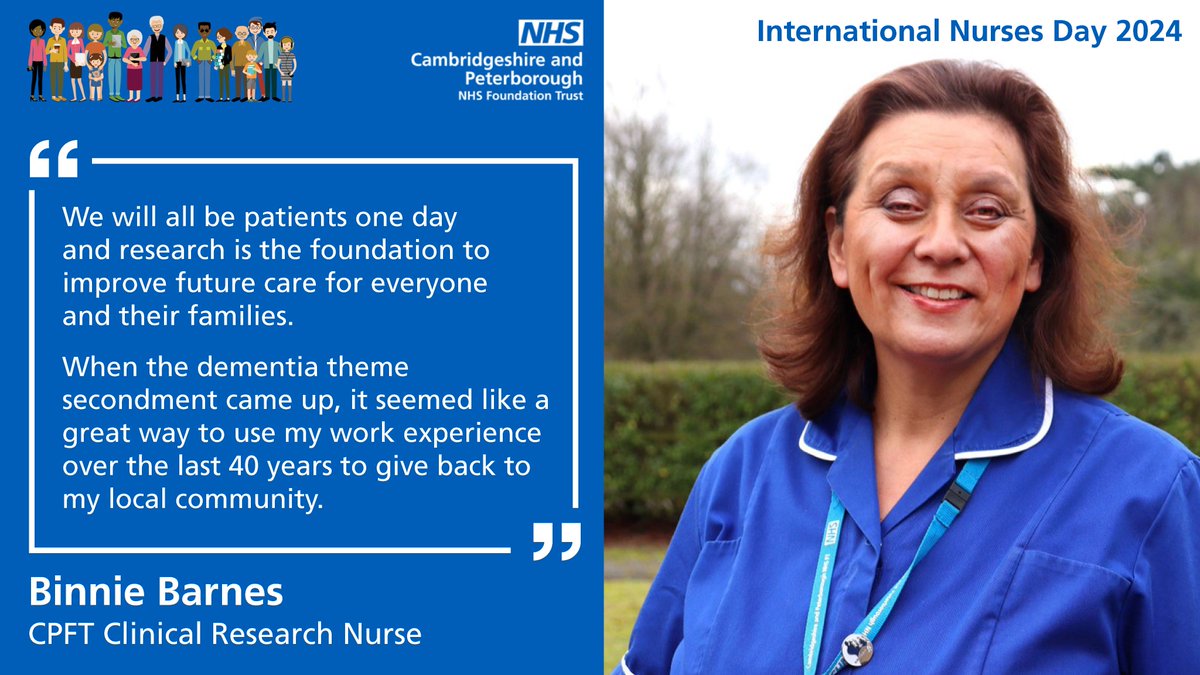 For #NursesDay, Clinical Research Nurse Binnie Barnes 🌟 shares her career journey into #research @CPFT_NHS and an exciting new role with our local @NIHRresearch partners investigating barriers to #dementia research participation. Read the #IND2024 blog: ➡️bit.ly/44H0st0