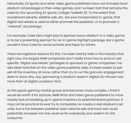 NEW EXTRA POINTS: If done correctly, I actually think ad units in video games could be good for publishers, schools, and the college sports industry. If folks want more college sports games, everybody needs to be more creative about revenue (and costs) extrapointsmb.com/p/ads-video-ga…