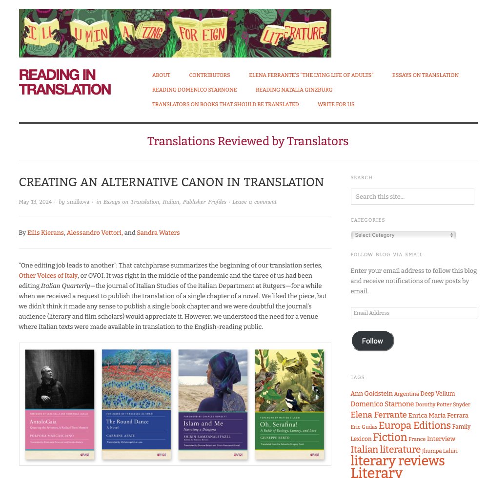 It's a good day when an essay gives you the word to describe yourself: Turns out I'm a *exophonic* writer. Read this marvelous piece, 'Creating an Alternative Canon in Translation' by Ellis Kierens, Alessandro Vettori, and Sandra Waters in @ReadinginTrans readingintranslation.com/2024/05/13/cre…