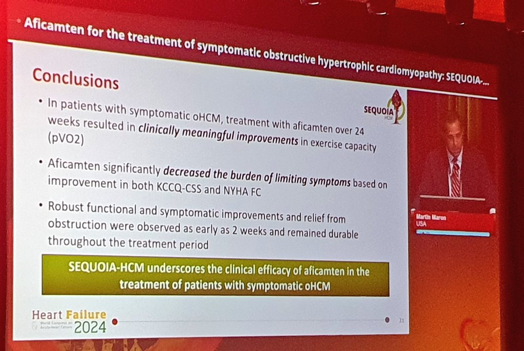 There's a ripple of applause as @MartinMaronMD presents the SEQUOIA-HCM results at the #HeartFailure2024 late breaking trials session where Aficamten meets significance in primary and all ten secondary outcomes.
