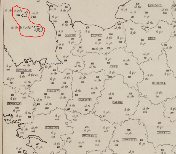 Dans les données de l'ALF, Jersey et Guernesey sont les seules localités de l'Ouest a avoir conservé un vocalisme dialectal dans le réflexe du latin pĕjor Pire présente la réduction française de la triphtongue *-i̯ei̯- En Bretagne romane et dans le Maine, on attendrait *përe