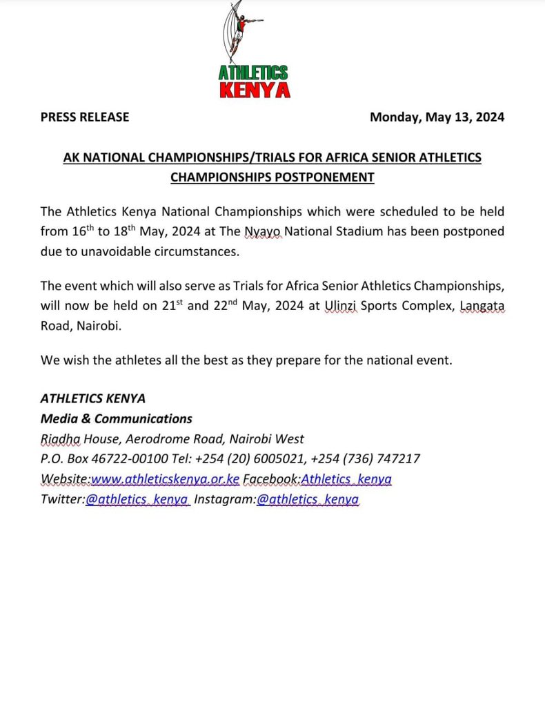 AK National Championships/Trials For Africa Senior Athletics Championships Postponement #athletickskenya #AthleticsNationalChamp2024