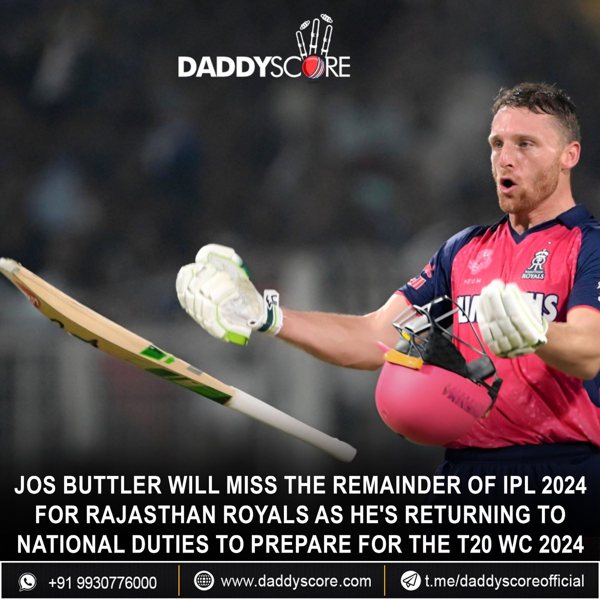 🚨 𝗕𝗶𝗴 𝗕𝗿𝗲𝗮𝗸𝗶𝗻𝗴 🚨 Jos Buttler will miss the remainder of IPL 2024 for Rajasthan Royals as he's returning to national duties to prepare for the T20 WC 2024!