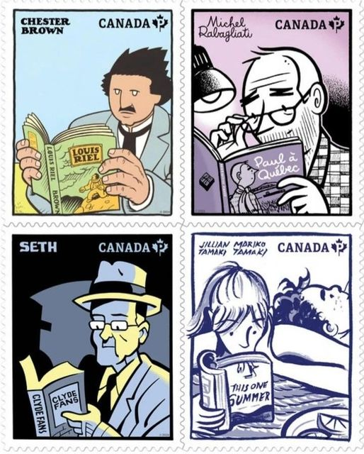 Canada Post releases a series of graphic novel stamps: CHESTER BROWN's Louis Riel, JILLIAN & MARIKO TAMAKI's This One Summer, SETH's Clyde Fans, and MICHEL RABAGLIATI's Paul à Québec.