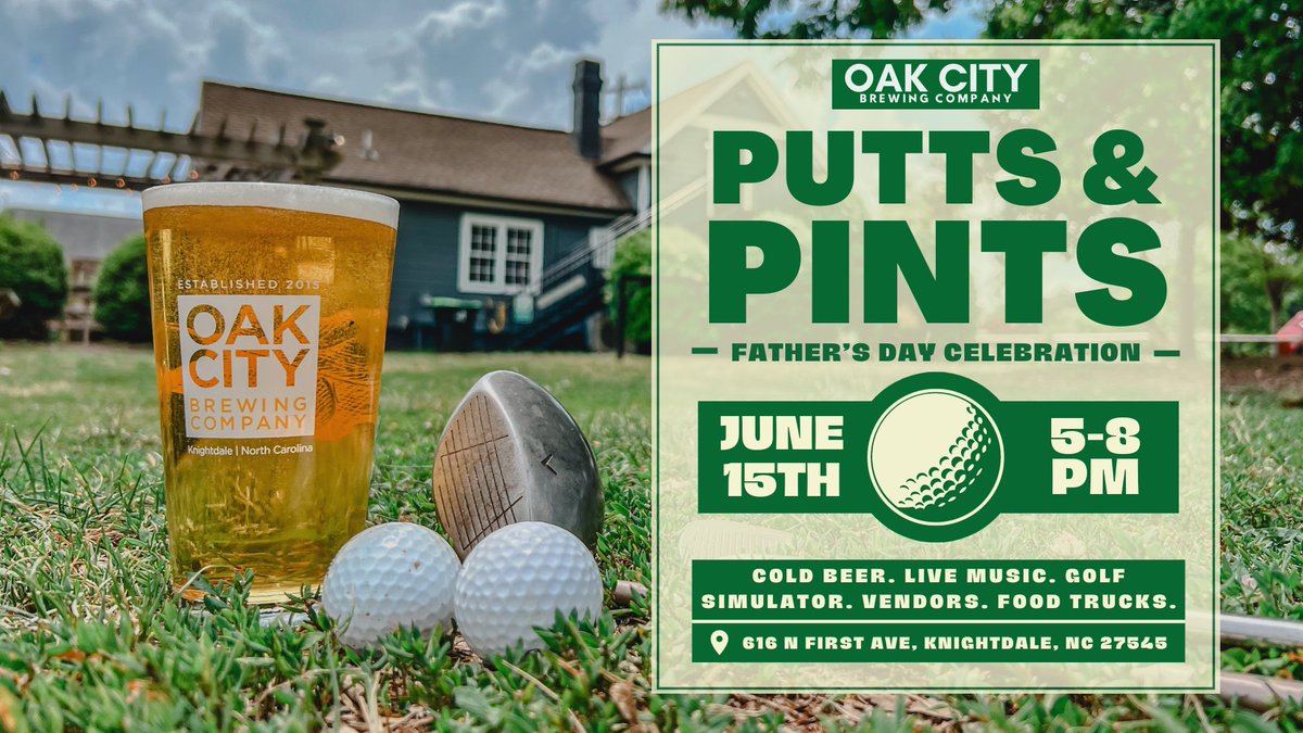 Join us at Oak City Brewing Company for a Father’s Day celebration like no other on June 15th from 5-8 PM.
. 
When a dad grabs a pint he gets a ticket to play the golf simulator for free!
. 
#OakCityBrews #craftbeer #brewery #foodtruck #knightdale #ncbeer #livemusic #fathersday